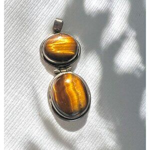 Sterling Silver Tiger's Eye Double Oval Pendant VTG 925 2.5" x 1" with ba